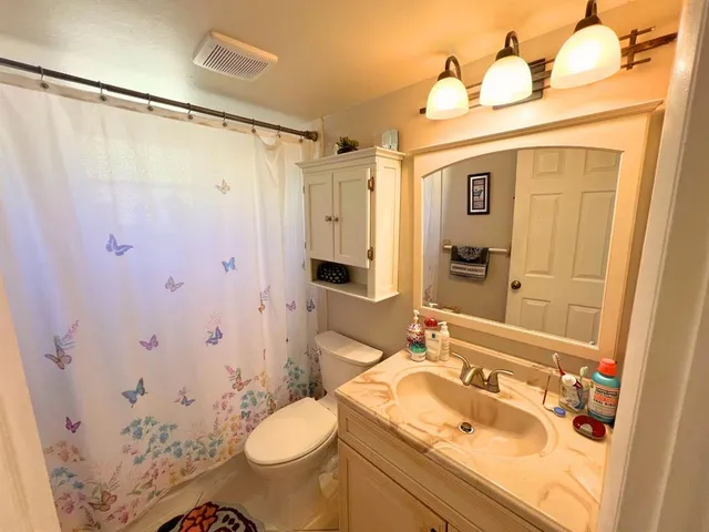 a bathroom with a sink toilet and shower