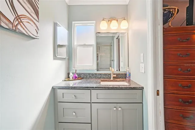 a bathroom with a sink and a mirror