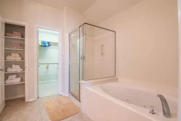 a bathroom with a bathtub and a shower