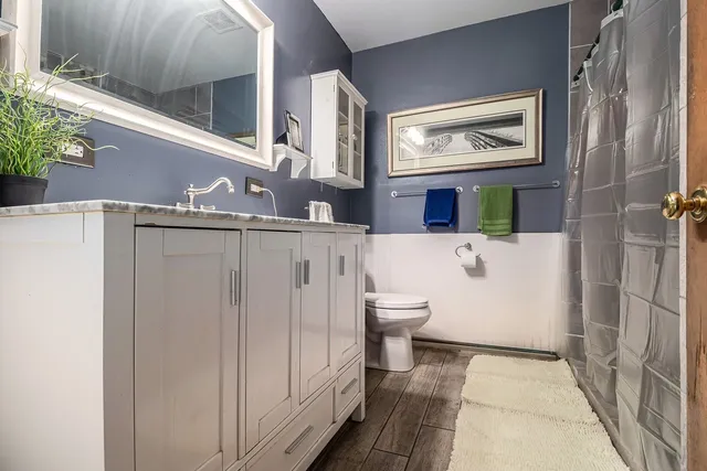 a bathroom with a toilet a sink and mirror