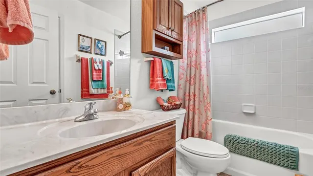 a bathroom with a sink a toilet and shower curtain