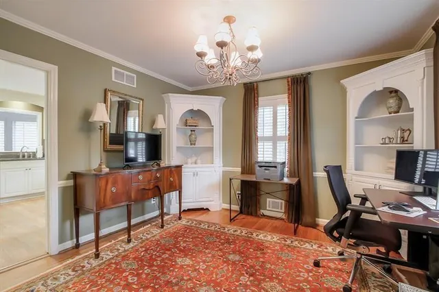 a workspace with chandelier