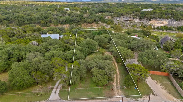 an aerial view of residential houses with outdoor space and trees