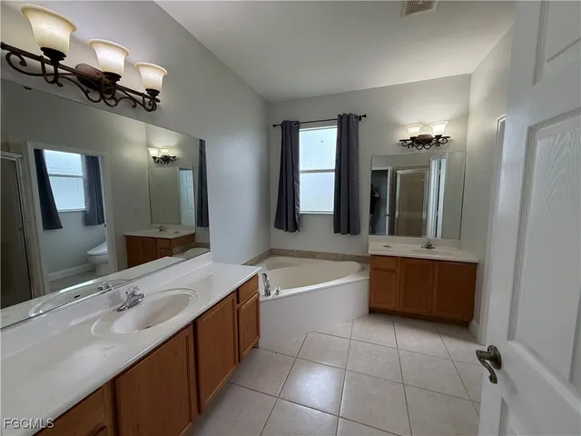 a bathroom with a tub a double vanity sink and mirror