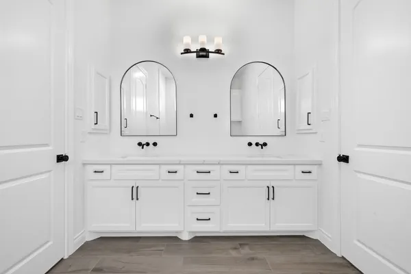 a close view of two sink and dishwasher with white cabinets