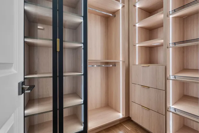 a view of walk in closet with empty racks