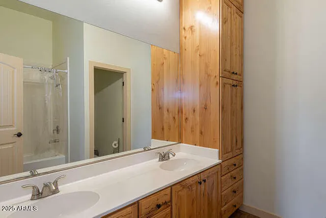 a bathroom with a sink and a mirror