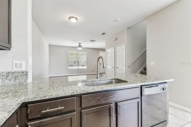 a kitchen with granite countertop a sink and a stove