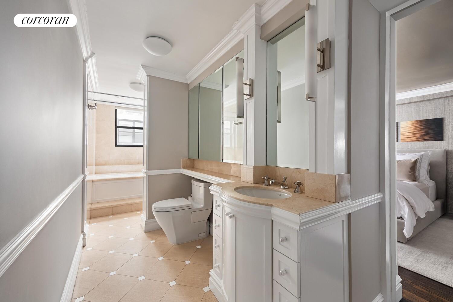 220 East 73rd Street, Unit 6D Manhattan, NY 10021 - Photo 11 of 19 a bathroom with a granite countertop sink and a mirror