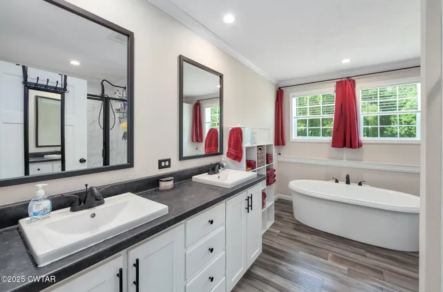 a bathroom with a double vanity sink bathtub double and mirror