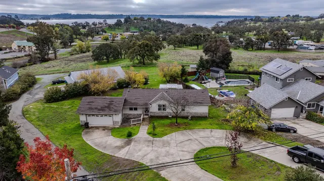 a aerial view of a house with a yard and potted plants