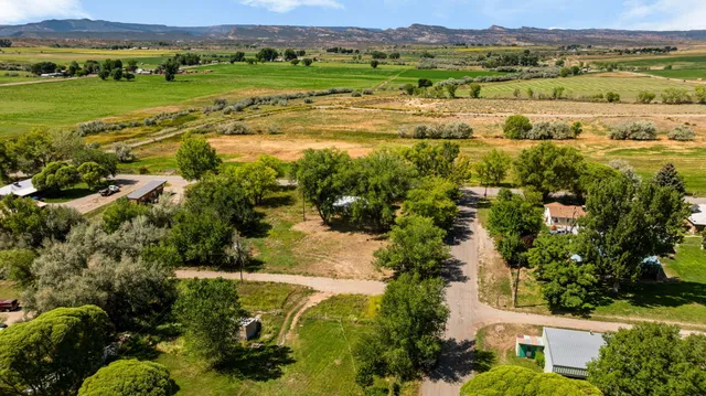 an aerial view of residential houses with outdoor space and trees all around