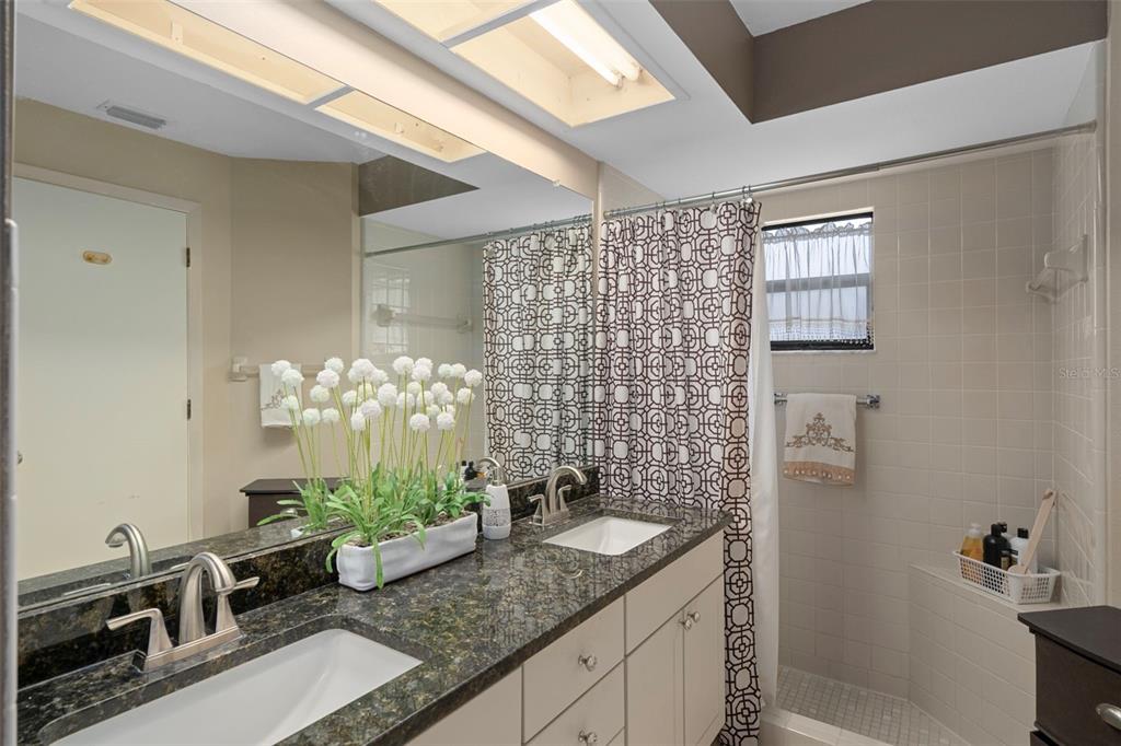 6421 Pine Meadows Drive Spring Hill, FL 34606 - Photo 32 of 61 a bathroom with a granite countertop sink a mirror and a shower