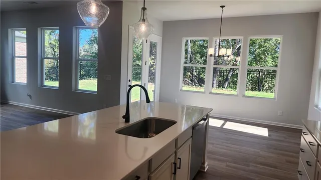 a kitchen with a sink a counter space and a wooden floors