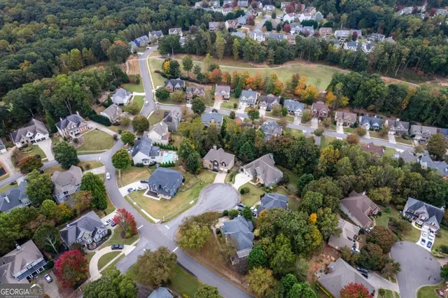 an aerial view of a house with a yard and a large tree