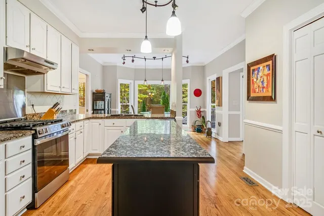 a kitchen with stainless steel appliances granite countertop a stove oven and a refrigerator