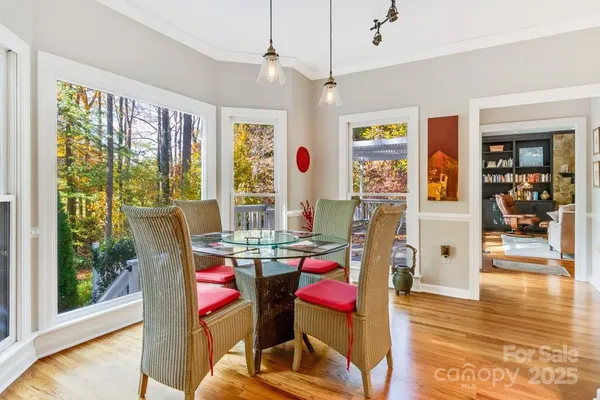 a view of a dining room with furniture window and wooden floor