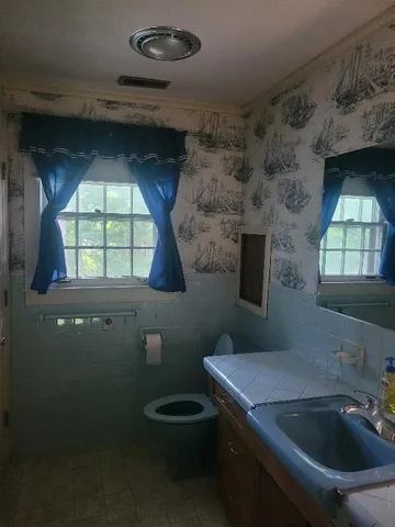a bathroom with a sink a toilet and window
