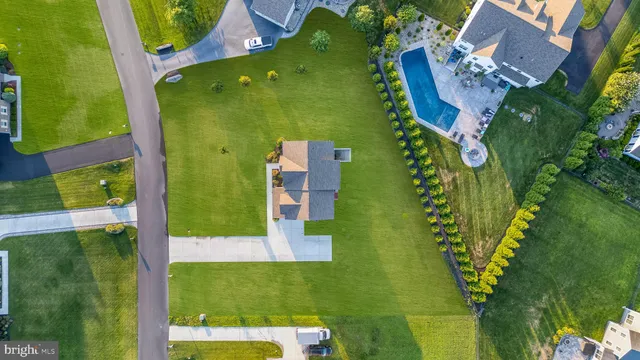 an aerial view of a pool