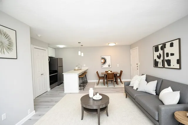 a living room with furniture and a dining table with kitchen view