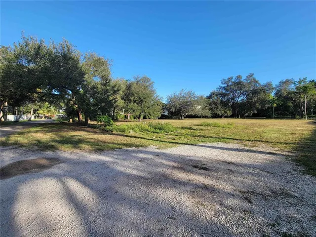 a view of a field with trees in the background