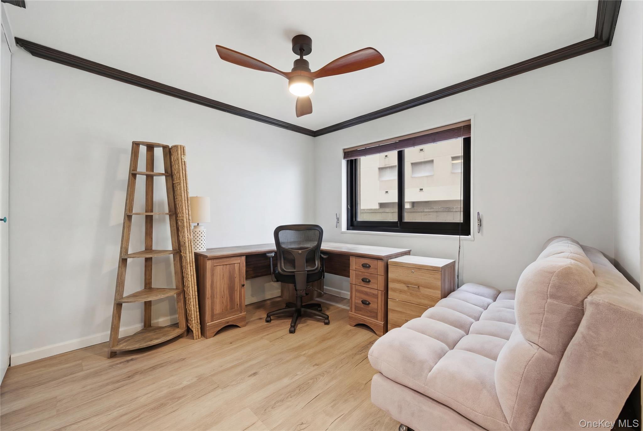 420 Shore Road, Unit 3M Long Beach, NY 11561 - Photo 4 of 23 Office space featuring light wood-type flooring, crown molding, and ceiling fan
