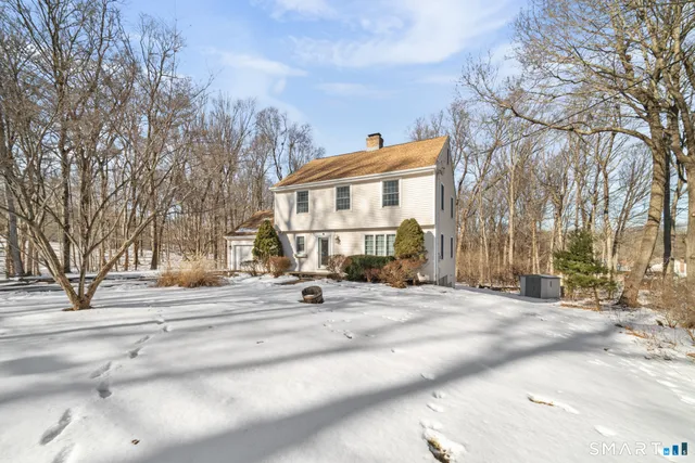 a view of a house with a snow in the background