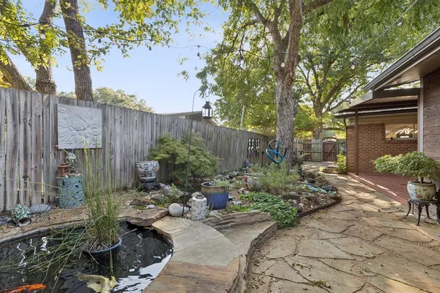 a view of a backyard with potted plants and large trees