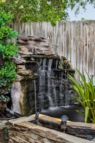 a view of a garden with a bench and some trees