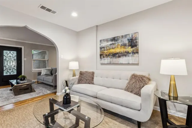 a living room with large window