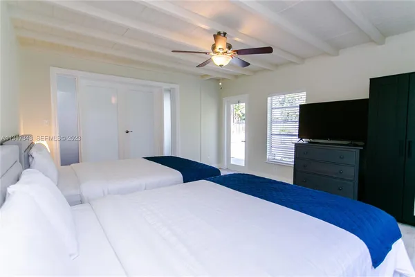 a bedroom with a bed and a flat tv screen on dresser