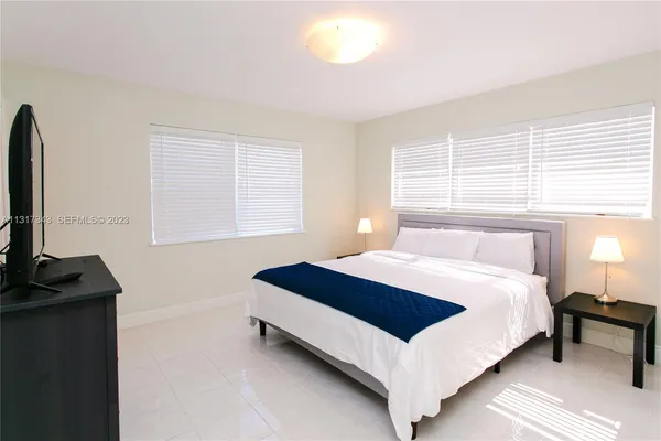a bedroom with a bed and a flat tv screen on a dresser