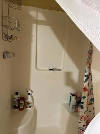 a view of a backyard with a barn and a large tree