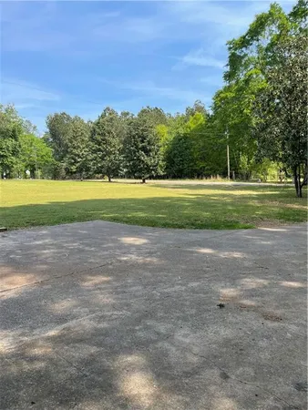 a view of a park with large trees