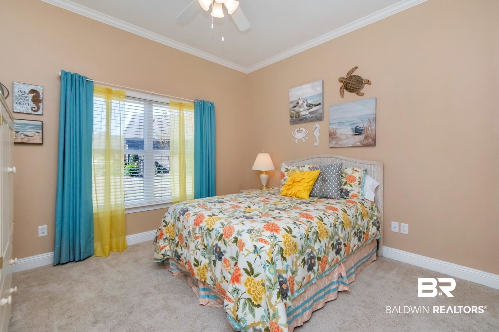9905 Carnoustie Court Foley, AL 36535 - Photo 16 of 31 Bedroom with light carpet, ornamental molding, and a ceiling fan