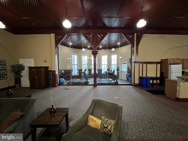 a lobby with furniture