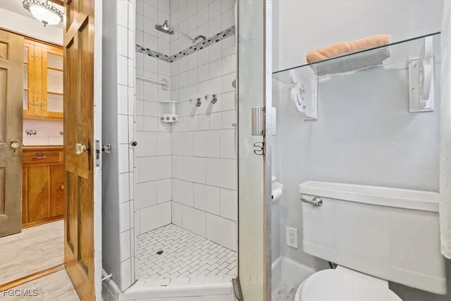 a bathroom with a shower and a toilet