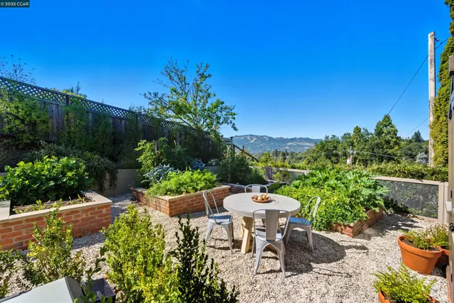 a view of a backyard with sitting area