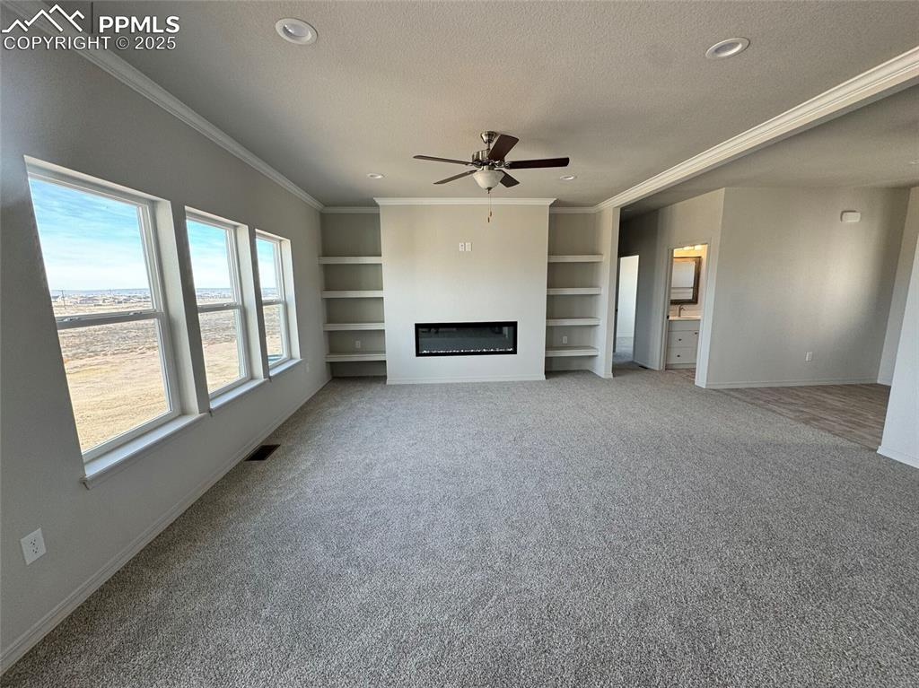 3955 Yoder Road Yoder, CO 80864 - Photo 17 of 27 Unfurnished living room with carpet flooring, a textured ceiling, ceiling fan, crown molding, and built in features