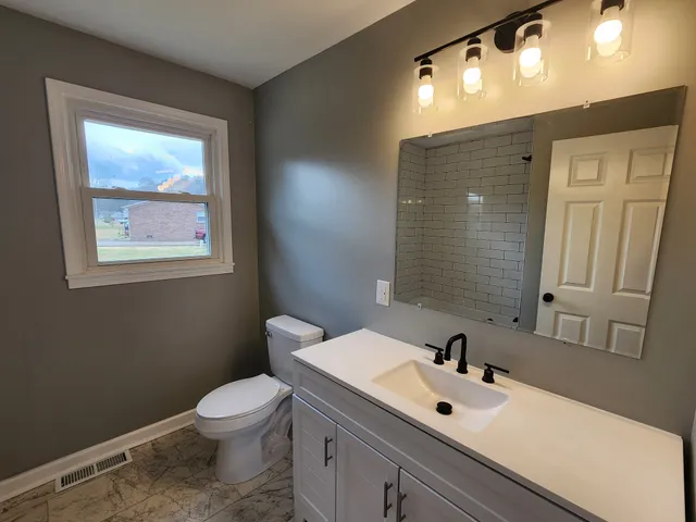 a bathroom with a toilet a sink and mirror