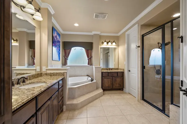 a bathroom with a granite countertop sink mirror and shower