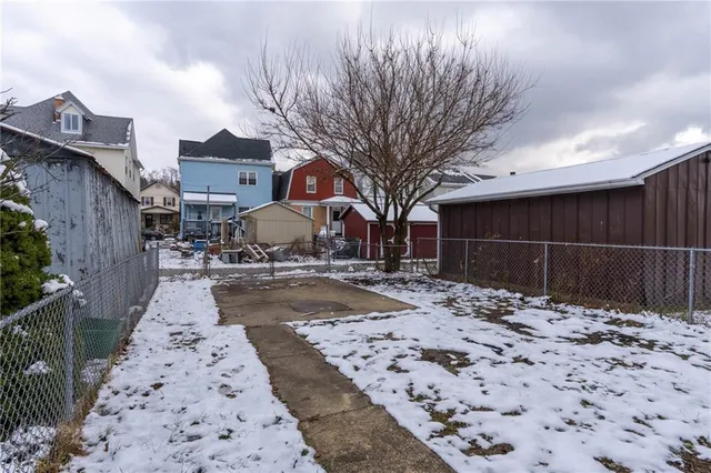 a view of a backyard with a tree