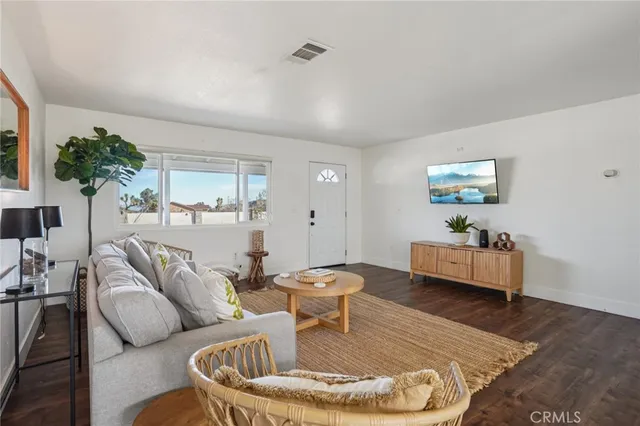 a living room with furniture and a potted plant
