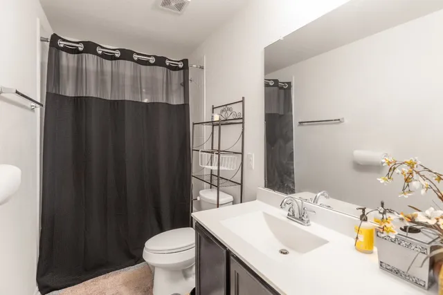a bathroom with a sink a toilet and shower curtain