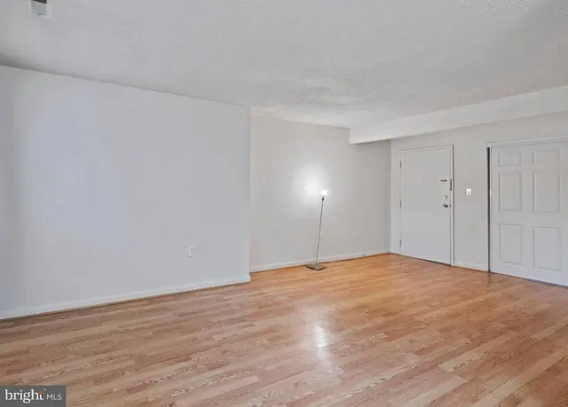 a view of an empty room and wooden floor