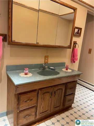 a bathroom with a sink and a mirror