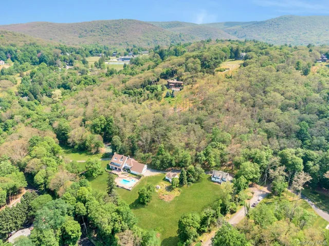 a view of a lush green forest with trees and houses