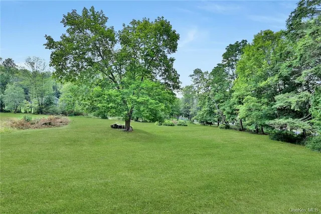 a view of a field of grass and trees