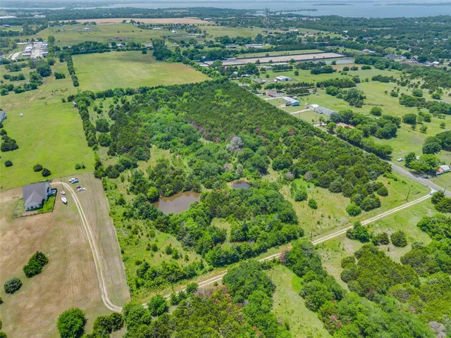 an aerial view of green landscape with trees houses and lake view