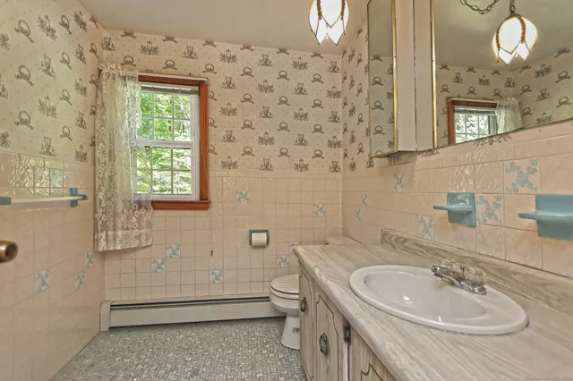 a bath room with a sink a toilet and a mirror